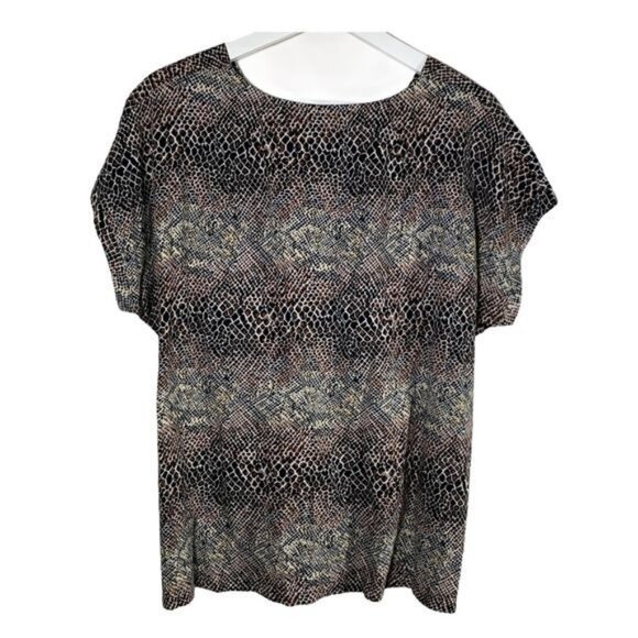 For Cynthia Linen Blend Brown Animal Print Blouse PL | V Neck Fall Top - Picture 4 of 9